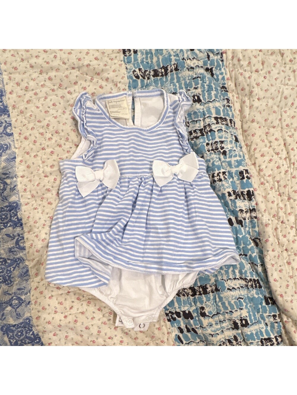 First Impressions Blue/White Striped Bow Ruffle Romper One-Piece 18M Cotton